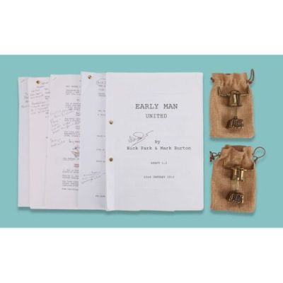 EARLY MAN (2018) - Lot # 155. Nick Park, Tom Hiddleston, Eddie Redmayne, Maisie Williams and Miriam Margolyes‘ Personal Scripts Hand-Annotated and Signed by Nick Park with Two Crew Gifts