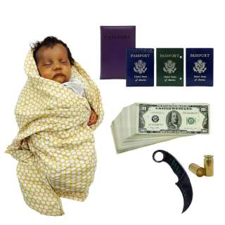 Lot #25: Bad Boys for Life (2020) Lt Mike Lowrey (Will Smith) Screen Used 3 Passports, Passport Holder, Stack Of Currency, 2 Bullet Shells, Prop Knife & Prop Baby