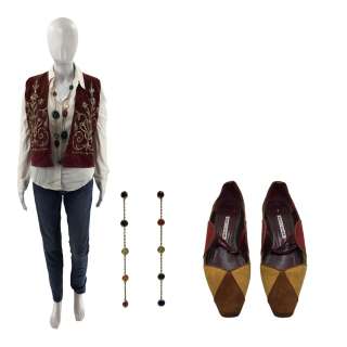 Saltburn Elspeth Catton (Rosamund Pike) Screen Worn Earrings, Flats, Necklace, Jeans, Blouse & Waistcoat Ch 1 Sc 70c,71 | VIP Fan Auctions