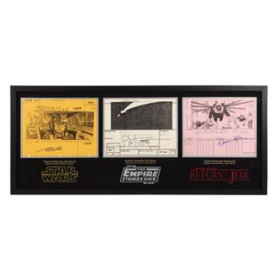 Star Wars: Original Trilogy | Original Production Triple Storyboard Display Autographed by Robert Watts, Phil Tippett and Dennis Muren | Propstore (Buy Now)