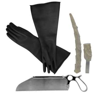 Death of a Unicorn Bhatia (Sunita Mani) Screen Used Unicorn Horn 2 Pieces (Shaved), Gloves & Surgical Saw (Sharp) | VIP Fan Auctions