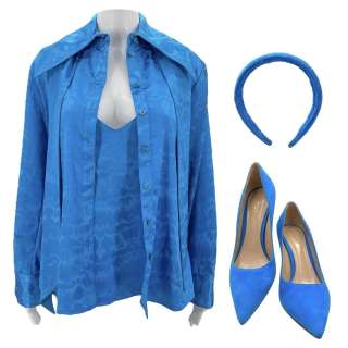 Scream VI Gale Weathers (Courteney Cox) Production Worn Button-Up Shirt, Tank Top, Scarf, Headband & Gianvito Rossi Heels | VIP Fan Auctions