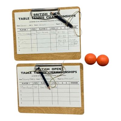 Lot 1: Marty Supreme Marty Mauser Production Used (2) British Open Match Cards W/ Clipboards & (2) Marty Supreme Ping Pong Ball Set | VIP Fan Auctions