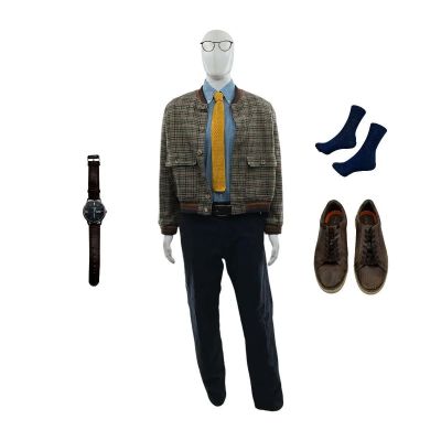 Lot 107: The Sheep Detectives Elliot Mathews Screen Worn Trainers, Belt, Watch, Tie, Glasses, Jacket, Button-Up Shirt, Chinos & Socks Ch 1 Sc 13pt2-114c | VIP Fan Auctions