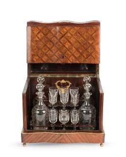The Crown | A French 19th century kingwood, parquetry, cross-banded and gilt-brass mounted liqueur set Sourced for the Audience Room, Buckingham Palace set | Bonhams