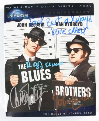 Dan Aykroyd as Elwood J. Blues, Carrie Fisher as the Mystery Woman, & John Landis Director of The Blues Brothers Signed Blu-ray Cover | SWAU