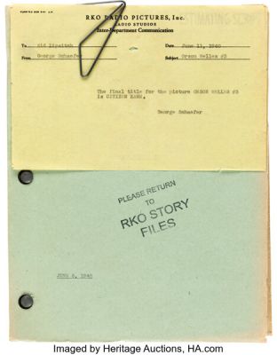 Citizen Kane (RKO, 1941), June 5, 1940 Working Draft Screenplay with Historic RKO Inter-Office Memo Containing First Use of the Film’s New Title, Citizen Kane. | Heritage