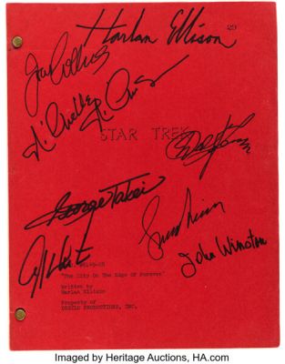 Star Trek: The Original Series (Paramount TV, 1966-1969), Shooting Script from Episode "The City on the Edge of Forever" Signed by Harlan Ellison and Cast Members including William Shatner, Leonard Nimoy, George Takei, Nichelle Nichols, and Walter Koenig.