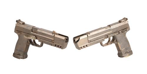 LARA CROFT TOMB RAIDER: THE CRADLE OF LIFE (2003) - Lot 225 - Lara Croft‘s (Angelina Jolie) Pair of Gold Pistols