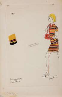 Lot 277 - ANTHEA SYLBERT COSTUME SKETCH OF STRIPED MINI-DRESS FOR MIA FARROW IN ROSEMARY’S BABY