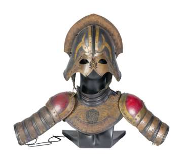 Lot 1220 - GAME OF THRONES: CHARLES DANCE "LORD TYWIN LANNISTER" SCREEN-WORN HERO HELMET, NECK BRACE AND SOLDIER SHOULDER ARMOR (WITH DVD)