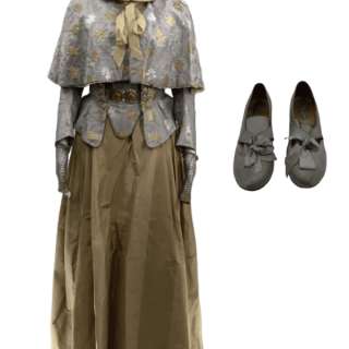 Lot 41 - The Great Catherine‘s Elle Fanning Floral Jacket, Floral Bodice, Cape, Striped Skirt, Petticoat, Stockings, Knitted Gloves & Shoes