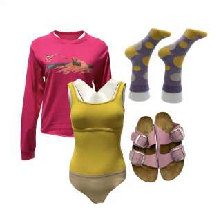 Lot #10: Self Reliance Madelyn Anna Kendrick Screen Worn Leotard, Shirt, Socks & Sandals Ch 2 & 3 Sc 44-57
