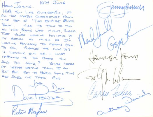 Star Wars: The Empire Strikes Back 6x8 Letter Vintage Cast Signed on the Set of the Movie by George Lucas, Harrison Ford, Carrie Fisher, Mark Hamill, Dave Prowse, Peter Mayhew, Jeremy Bulloch, Billy Dee Williams, & Anthony Daniels | SWAU