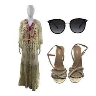 Lot #205: Saltburn Elspeth Catton (Rosamund Pike) Screen Worn Floor Length Dress, Swimsuit, Wedges & Sunglasses Ch 91 Sc 101