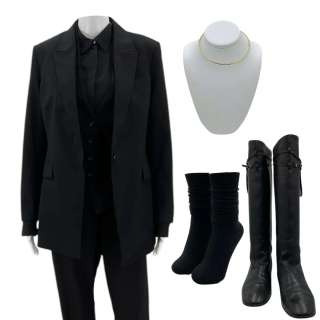 Death of a Unicorn Shaw (Jessica Hynes) Screen Worn Jacket, Blouse, Trousers, Vest W/ Holster, Choker, Socks & Salvatore Ferragamo Boots Ch 1 | VIP Fan Auctions