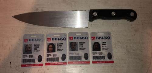 The Belko experiment - Knife (Stunt) and Seven Main Character ID Cards (LEAVE MPS) | Propabilia