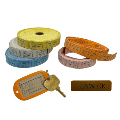 Lot 16: Eternity Fenwick Production Used Yellow, Pink, Blue, White, Orange Tickets, Key & Name Tag | VIP Fan Auctions