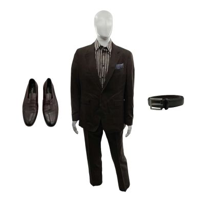 Lot 97: Crime 101 Phil Screen Worn 2pc Suit, Button-Up Shirt, Belt, Pocket Square & Loafers Ch 1 Sc 52 | VIP Fan Auctions