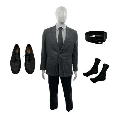 Crime 101 Lou Screen Worn Suit Jacket, Button-Up Shirt, Suit Pants, Dress Shoes, Tie, Belt & Socks Ch 2 Sc 43-63 | VIP Fan Auctions