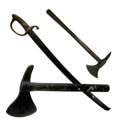 Lot 132: The Bluff Connor Soldier Production Used (2) Rubber Hatchets & Plastic Soldier Sword | VIP Fan Auctions
