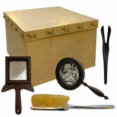 Lot 61: Wuthering Heights Cathy (Margot Robbie) Production Used Box, Bristle Brush, Hair Clip & (2) Mirrors | VIP Fan Auctions