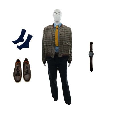 Lot 89: The Sheep Detectives Elliot Mathews Screen Worn Stunt Double Trainers, Glasses, Watch, Belt, Socks, Tie, Button-Up Shirt, Jacket & Chinos Ch 1 Sc 114c | VIP Fan Auctions