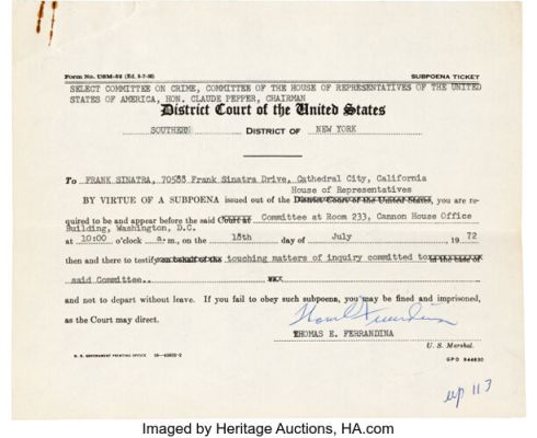 Frank Sinatra-Issued House of Representatives Committee on Crime Subpoena (1972). | Heritage