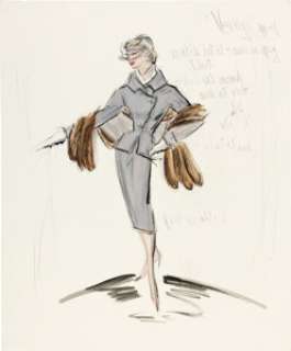 Kim Novak "Madeline Elster / Judy Barton" Iconic Grey Skirt Suit and Fur Stole Costume Sketch by Edith Head for Vertigo (Paramount, 1958).