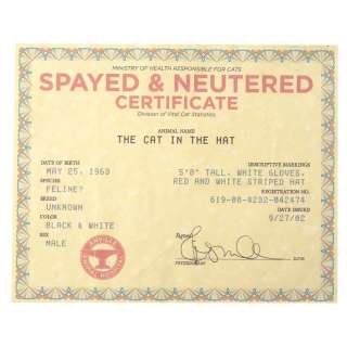 Dr. Seuss‘ The Cat In The Hat (2003) - Lot 682 - Cat in the Hat‘s (Mike Myers) "Spayed and Neutered" Certificate