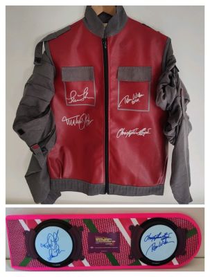 Back to the Future II - 4 Cast Signed Jacket & Hoverboard – Fox, Lloyd, Thompson & Wilson – Beckett Witnessed