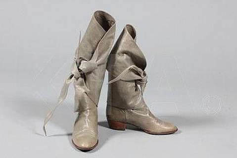 A pair of Manolo Blahnik grey leather boots worn | Kerry Taylor Auctions