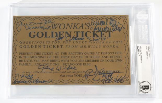 Willy Wonka & the Chocolate Factory Prop Replica Golden Ticket (Beckett Slabbed) Cast Signed by Gene Wilder and All Five Kids: Peter Ostrum, Denise Nickerson, Paris Themmen, Michael Bollner, & Julie Dawn Cole with Character Names | SWAU