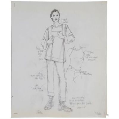 The Matrix (1999) | Hand-Drawn Trinity (Carrie-Anne Moss) Costume Design Sketch by Lois DeArmond with Kym Barrett’s Annotations | Propstore