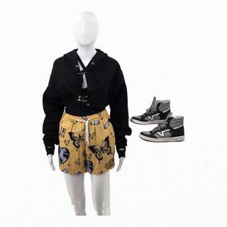Lot #171: Heels Crystal Tyler Kelli Berglund Screen Worn Hi Top Sneakers, Butterfly Shorts, Cross Neck Bodysuit & Safety Pin Hoodie Ch 4a Sc 36 Ep 204