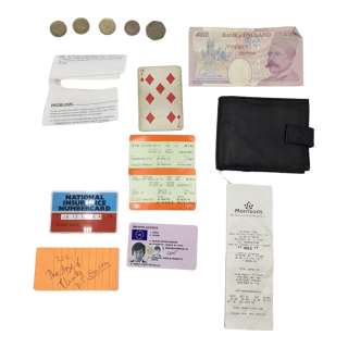 Saltburn Oliver Quick (Barry Keoghan) Wallet, Coin Set, 2 Piece Coin Set, 20 Pounds Bill, Insurance Numbercard, 2 Piece Ticket Set, Receipt, 2 Piece Math Sheet Set, Playing Card, Driving License & Note | VIP Fan Auctions
