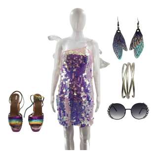 Saltburn India (Millie Kent) Screen Worn One Shoulder Dress, Wings, Heels, Earrings, Bracelet & Sunglasses Ch 12 Sc Var-183pt1 | VIP Fan Auctions