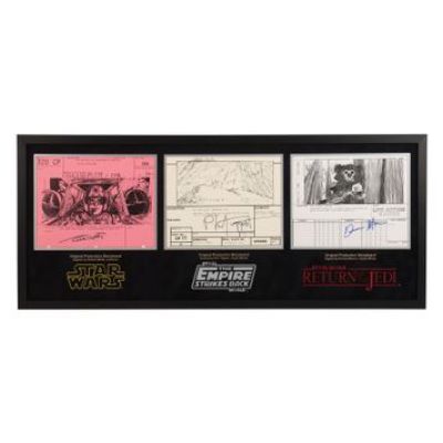 Star Wars: Original Trilogy | Original Production Triple Storyboard Display Autographed by Robert Watts, Phil Tippett and Dennis Muren | Propstore (Buy Now)