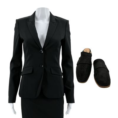 Lot 62: Orphan Black (2013-2017) Rachel Duncan (Tatiana Maslany) Screen Worn Button-Front Jacket, Knee-Length Skirt & Slip-On Loafers Ep 507 & 510 | VIP Fan Auctions