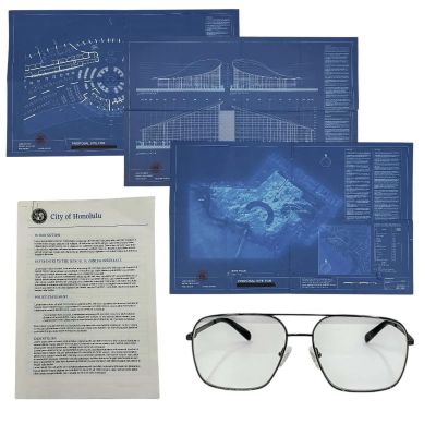 Lot 10: The Wrecking Crew James Hale Screen Used (3) Blueprints, Paperwork & Glasses | VIP Fan Auctions