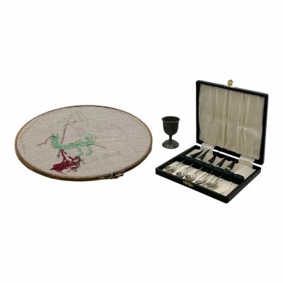 Lot 90: Wuthering Heights Cathy (Margot Robbie) Production Used Tapestry W/Embroidery, (5) Egg Spoons & Egg Cup | VIP Fan Auctions