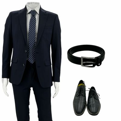 Lot 208: Poker Face Season 2 Luca Clark Screen Worn Stunt Double Casual Suit, Button-Up Shirt, Tie, Belt & Dress Shoes Ch 1 Ep 212 | VIP Fan Auctions