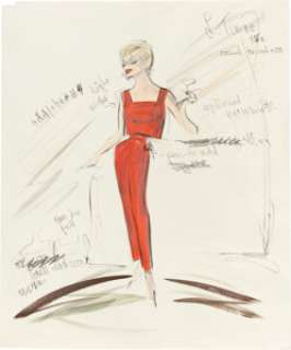 Love Has Many Faces (Columbia, 1965), Lana Turner "Kit Jordon" Set of (3) Costume Sketches of Red Ensembles by Edith Head. (Total: 3 Items)