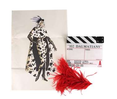 102 DALMATIANS (2000) - Lot 412 - Cruella de Vil‘s (Glenn Close) Printed Coat Design and Red Feather with Clapperboard
