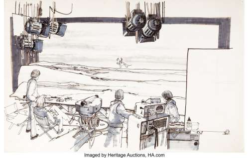 Original set illustration of Dennis Muren and FX crew from Star Wars: Episode V - The Empire Strikes Back by Nilo Rodis.