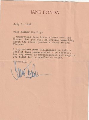 Jane Fonda - Letter to Father Greeley - 1988 | Catawiki