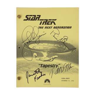 STAR TREK: THE NEXT GENERATION (1987-1994) - Lot #855 : Patrick Stewart, Jonathan Frakes, John de Lancie and Ronald D. Moore-Autographed "Tapestry" Script