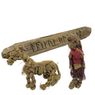 Lot #45: Vikings Valhalla Freydis Eriksdotter (Frida Gustavsson) Screen Used Freydis’ Doll, “Keeper Of The Faith” Carved Sign & Horse Doll – Grave Markers Ep 304