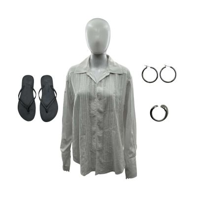 Lot 64: Crime 101 Maya Screen Worn Button-Up Shirt, Flip Flops, Ring & Earrings Ch 1 | VIP Fan Auctions
