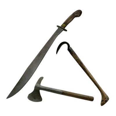 Lot 181: The Bluff Connor Soldier Production Used Rubber Hook, Plastic Hatchet & Resin Rubber Soldier Sword | VIP Fan Auctions